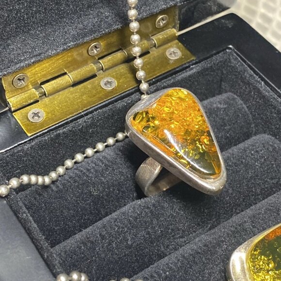 925 Sterling Silver Amber Set – Signed SO – MJI Necklace – Ring Size 8 - Picture 12 of 16